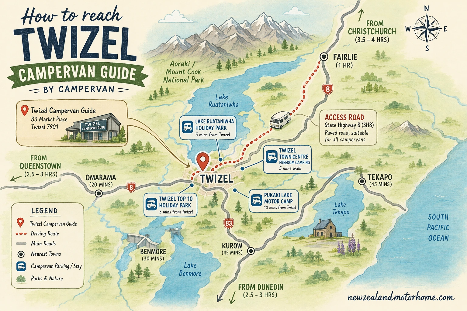 Illustrated campervan map — twizel campervan guide