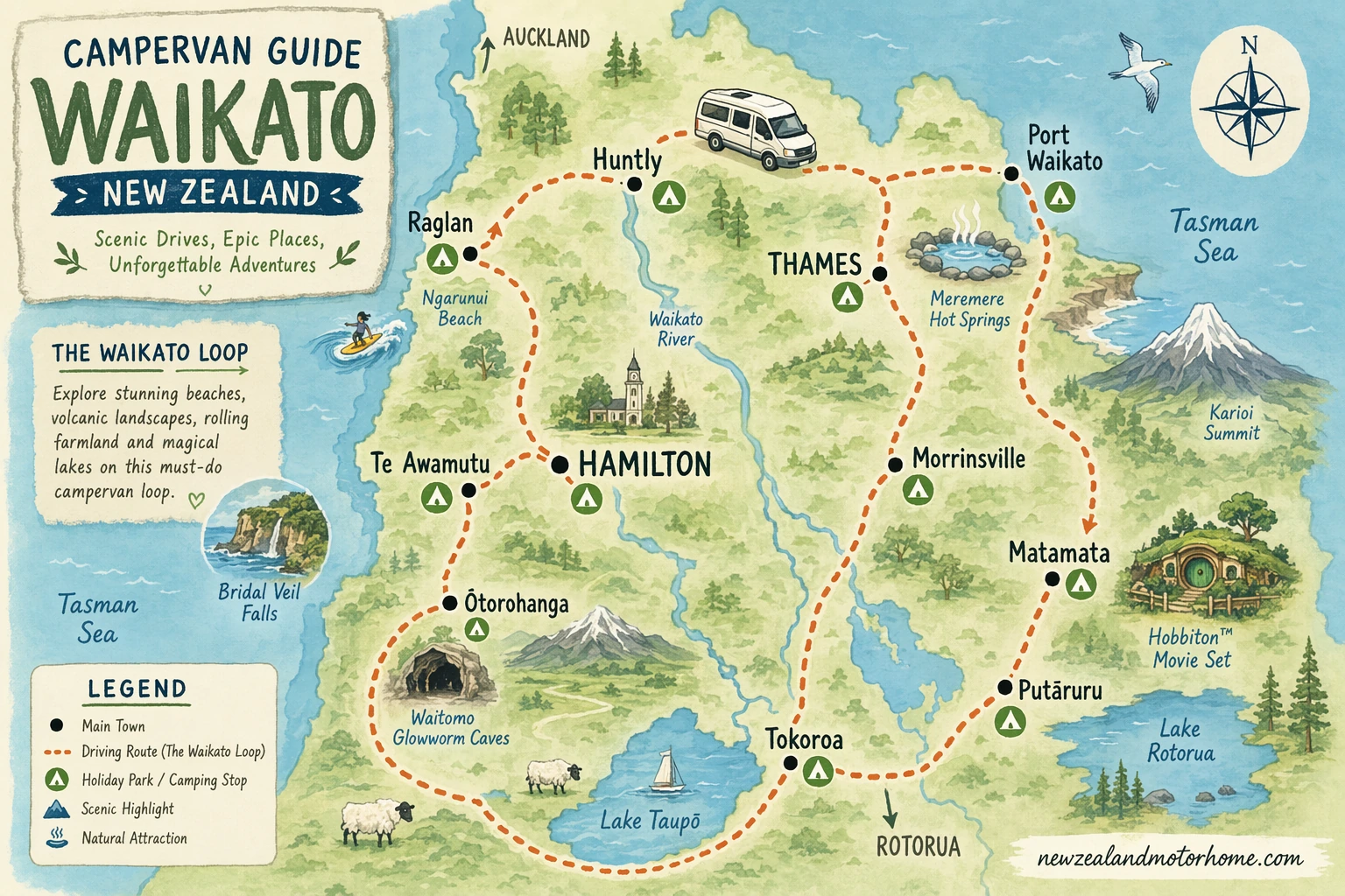 Illustrated campervan map — campervan guide waikato nz