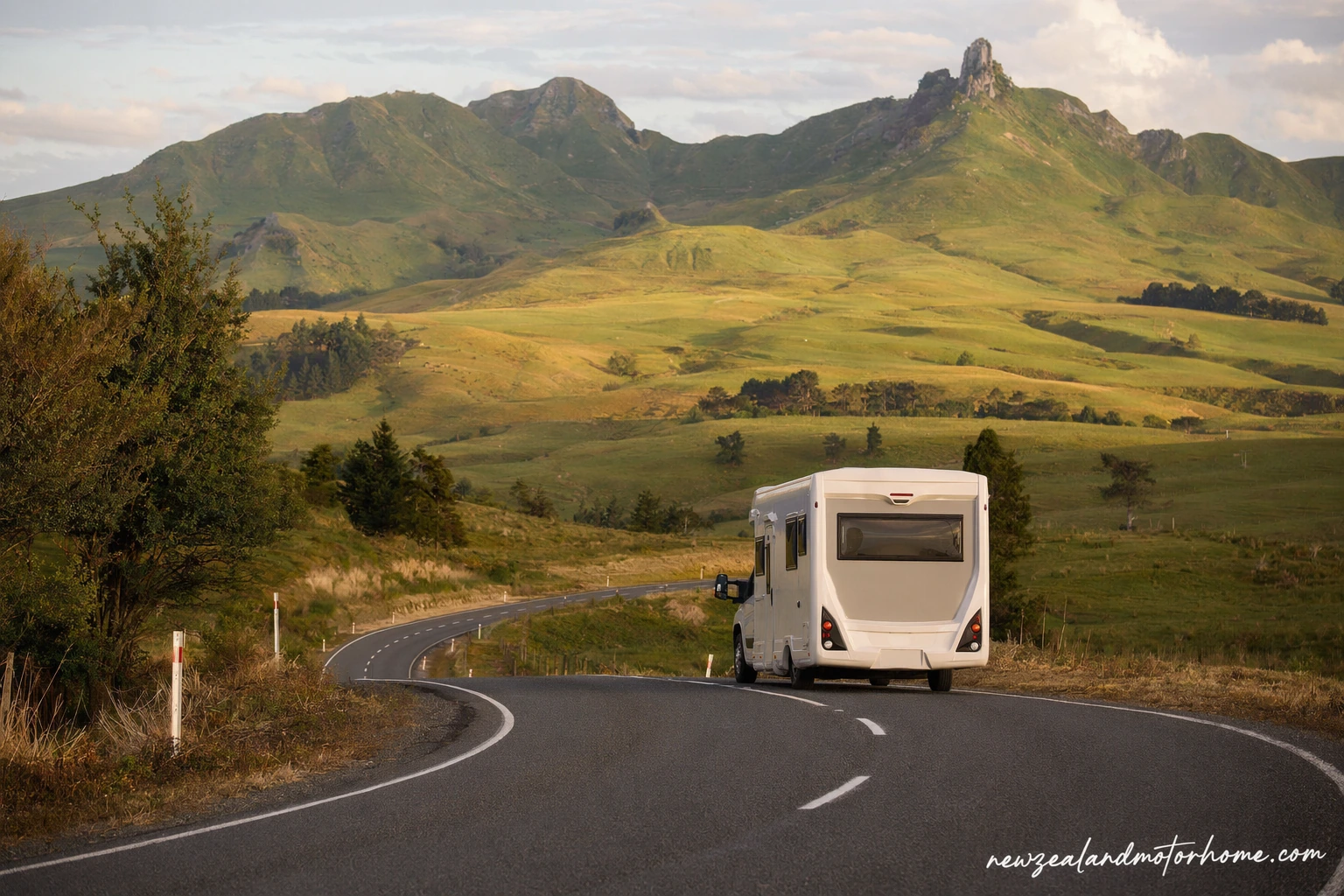 Campervan parked beside a quiet Waikato river with green farmland and low hills in the background