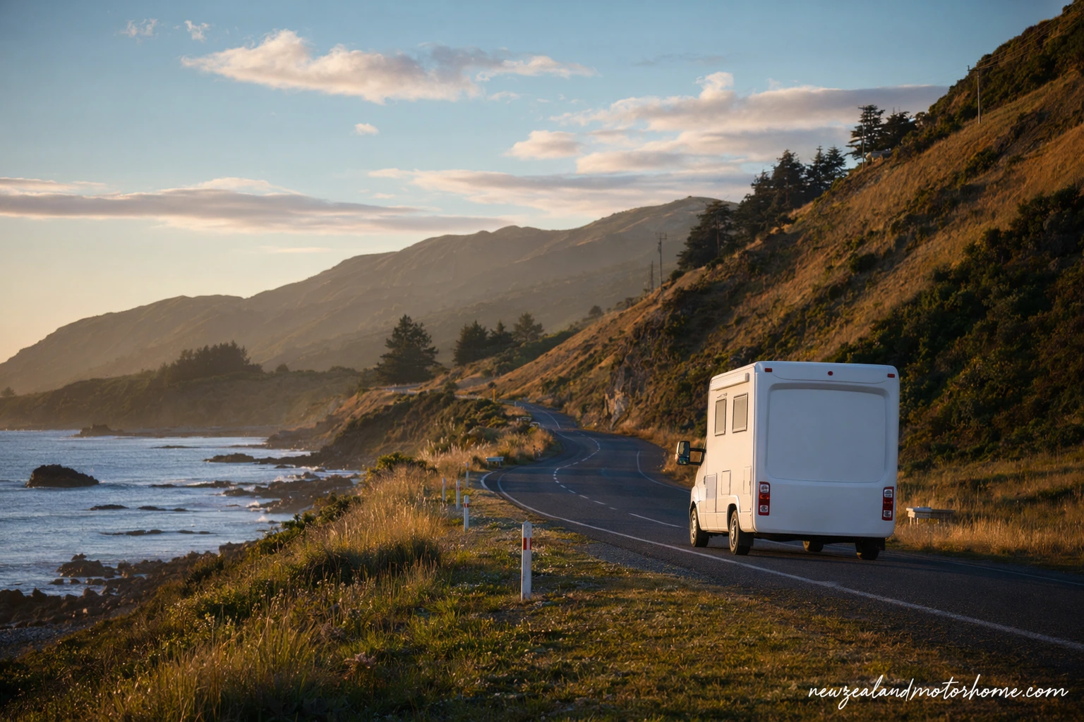 Campervan parked beside a quiet rural road in Wairarapa with hills and vineyard country nearby