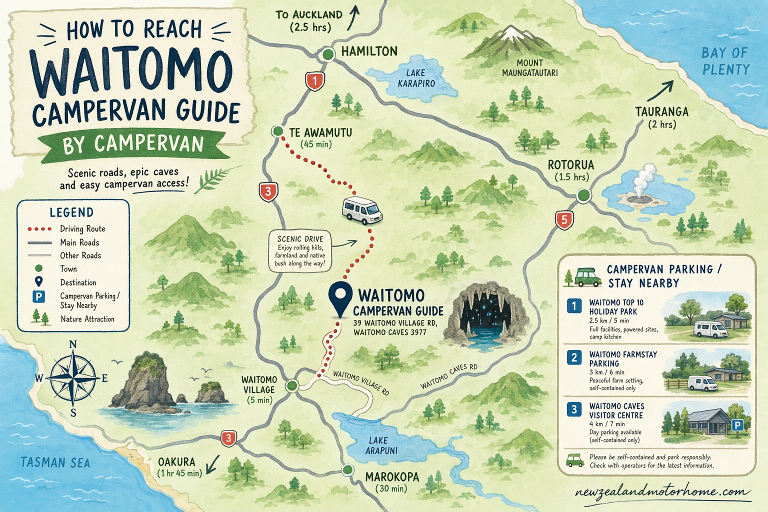 Illustrated campervan map — waitomo campervan guide