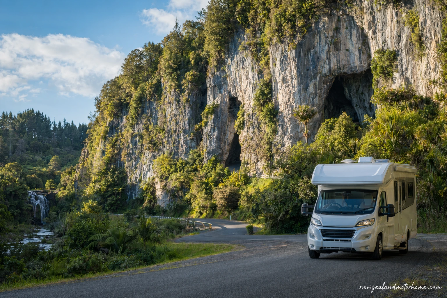 Campervan parked near green limestone hills in Waitomo on a cloudy King Country day