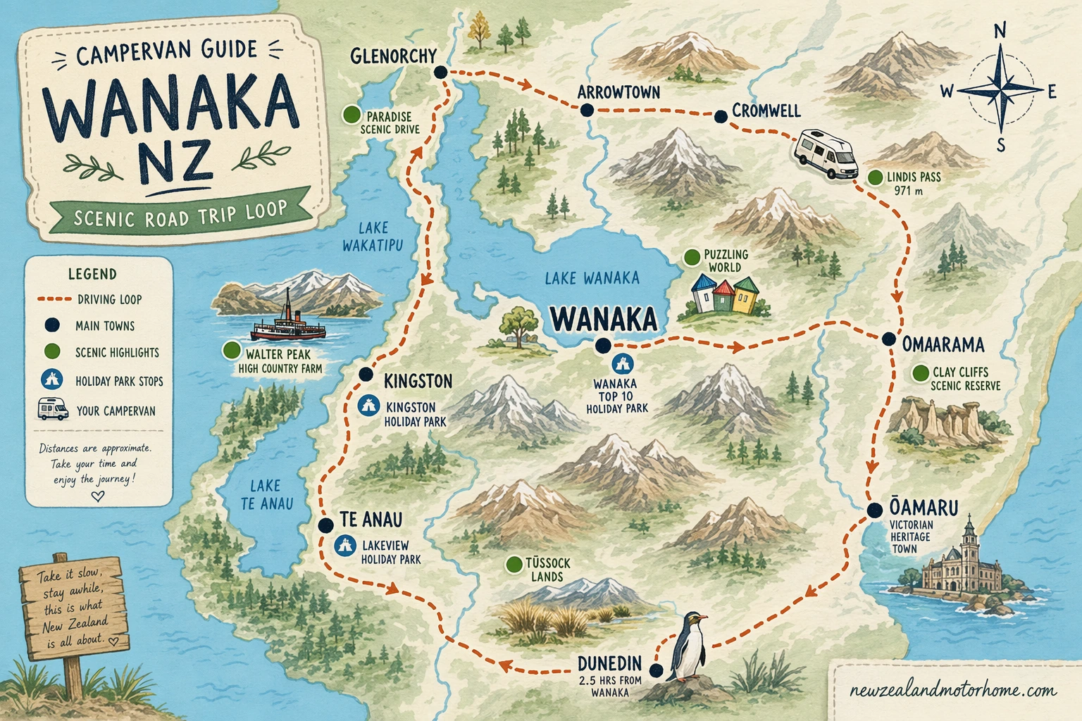 Illustrated campervan map — campervan guide wanaka nz