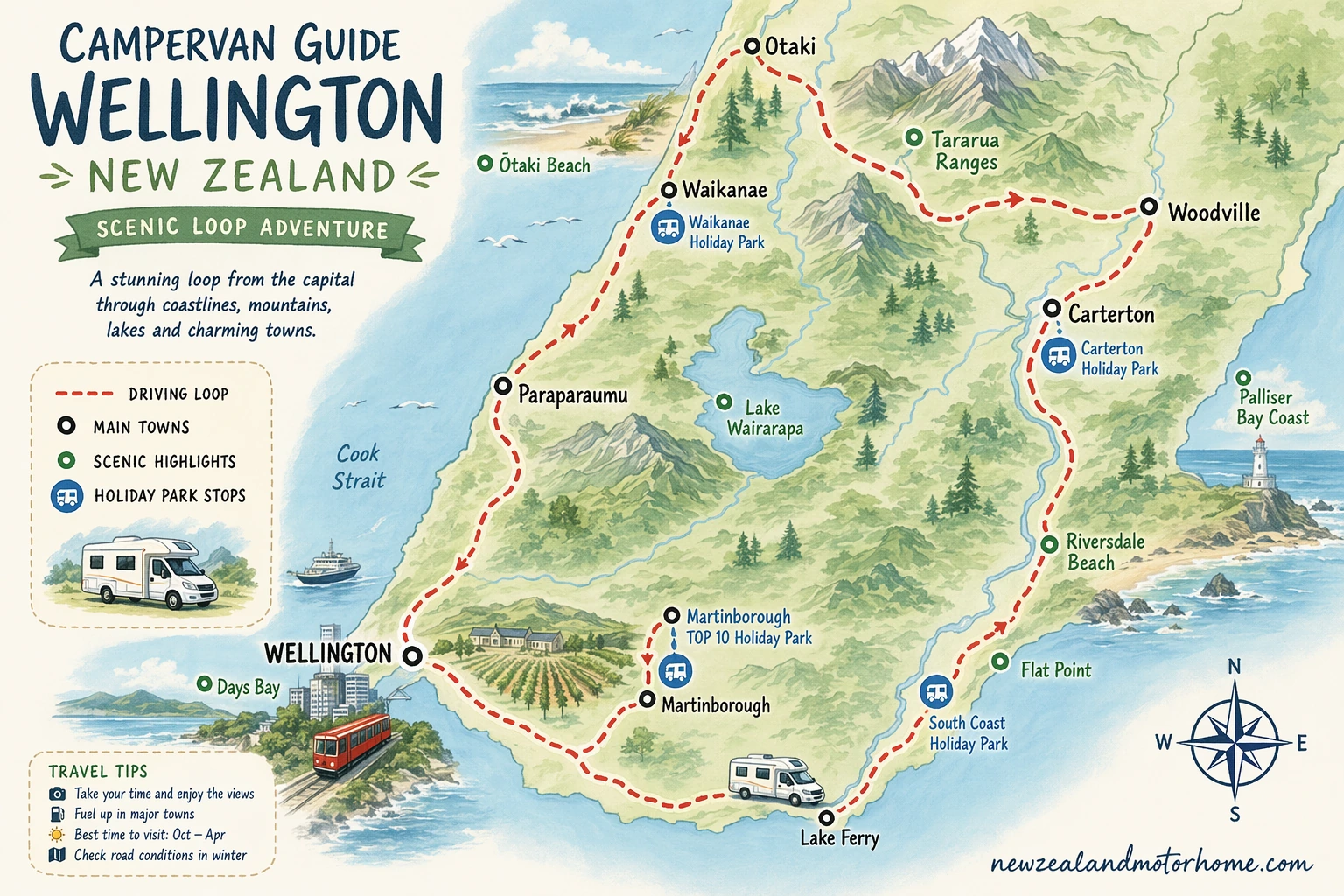 Illustrated campervan map — campervan guide wellington nz