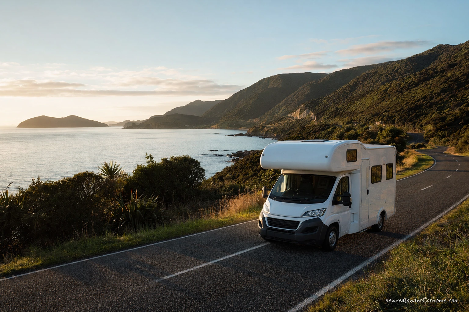 Campervan parked above Wellington Harbour with the city and hills in the background
