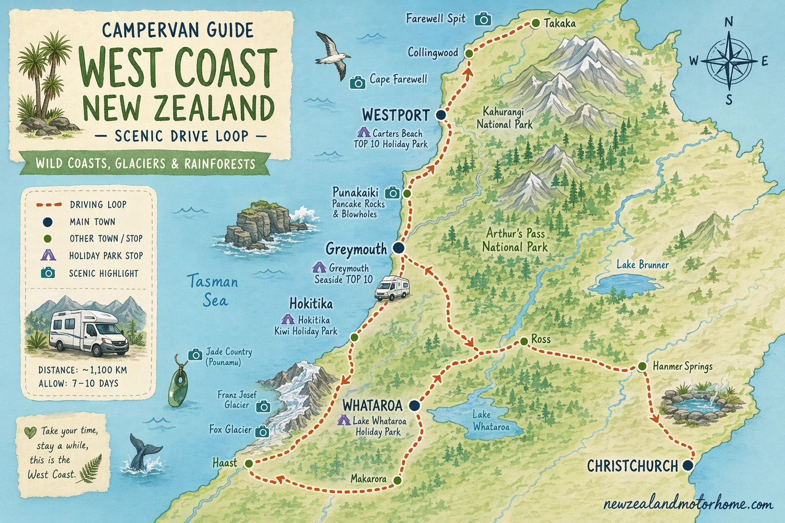 Illustrated campervan map — campervan guide west coast nz