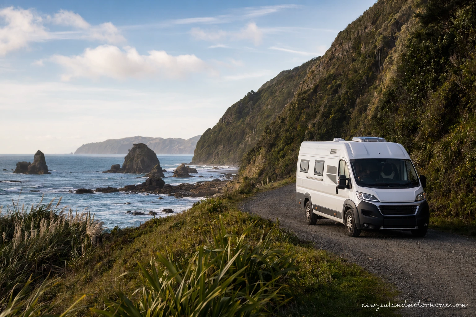 Campervan parked beside a wild West Coast beach near Punakaiki with rainforest hills behind