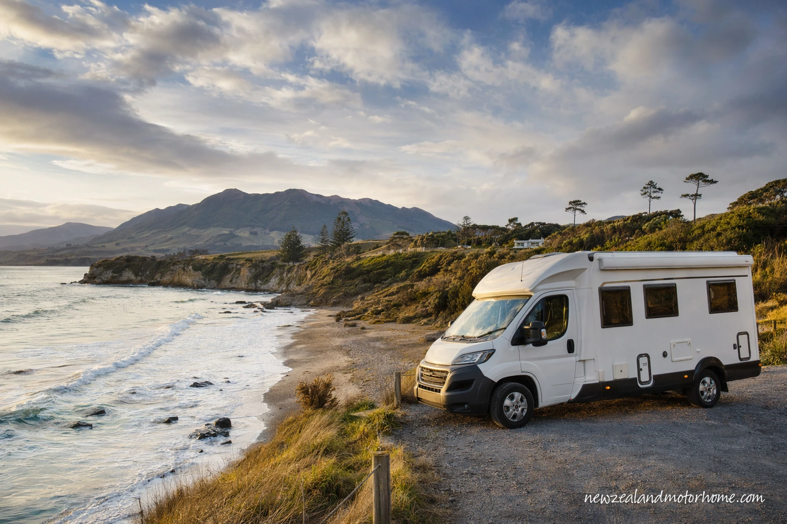 Campervan parked near Whakatāne harbour with Whakaari White Island offshore