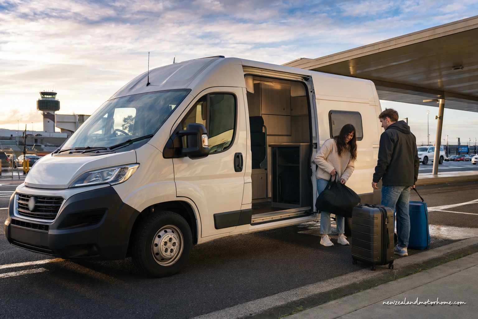 Campervan parked near Auckland Airport ready for a self-drive motorhome trip