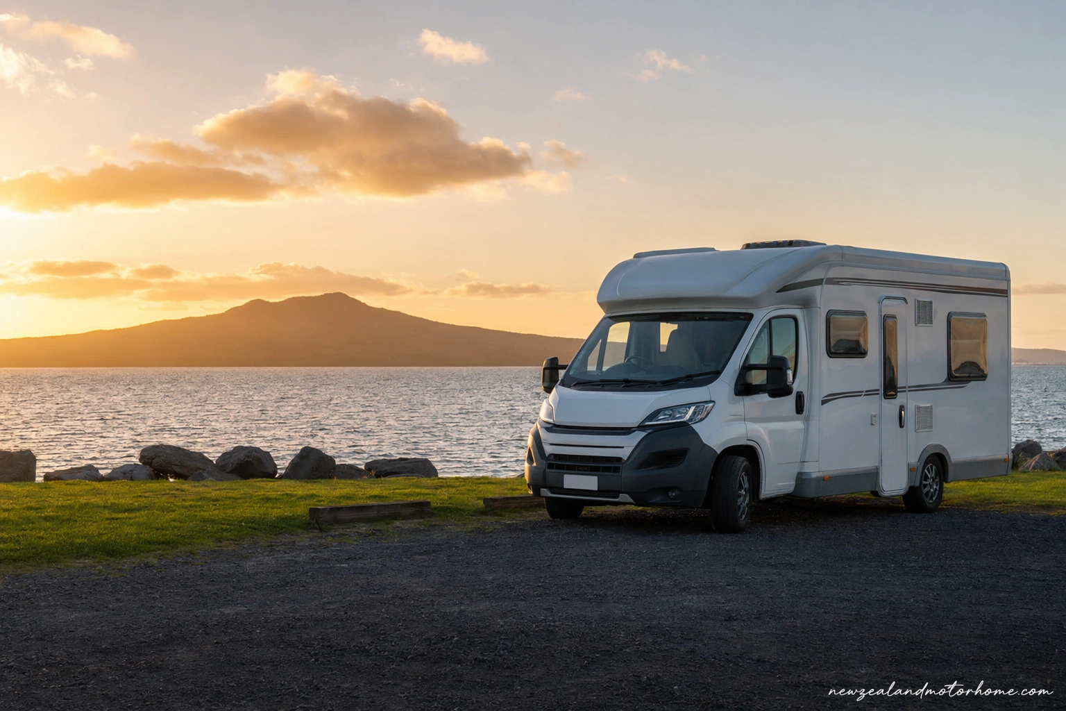 Campervan parked near Auckland harbour before starting a New Zealand road trip