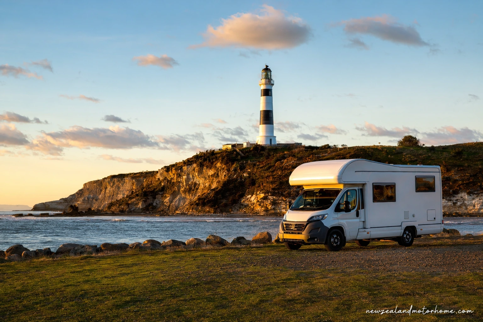 Campervan parked near vineyards in Blenheim with Marlborough hills in the background