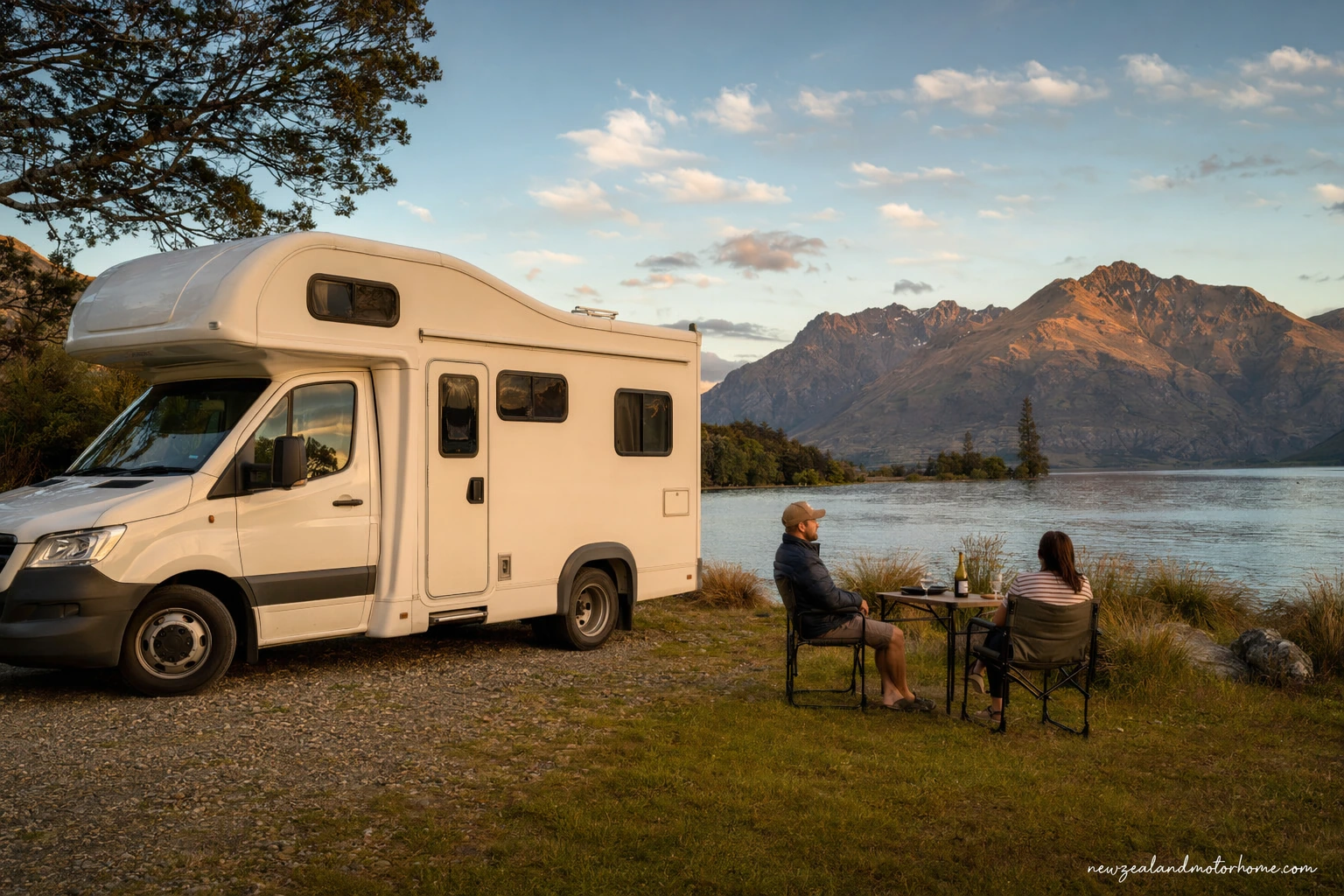 Campervan parked at a lakeside campsite in New Zealand with mountains behind