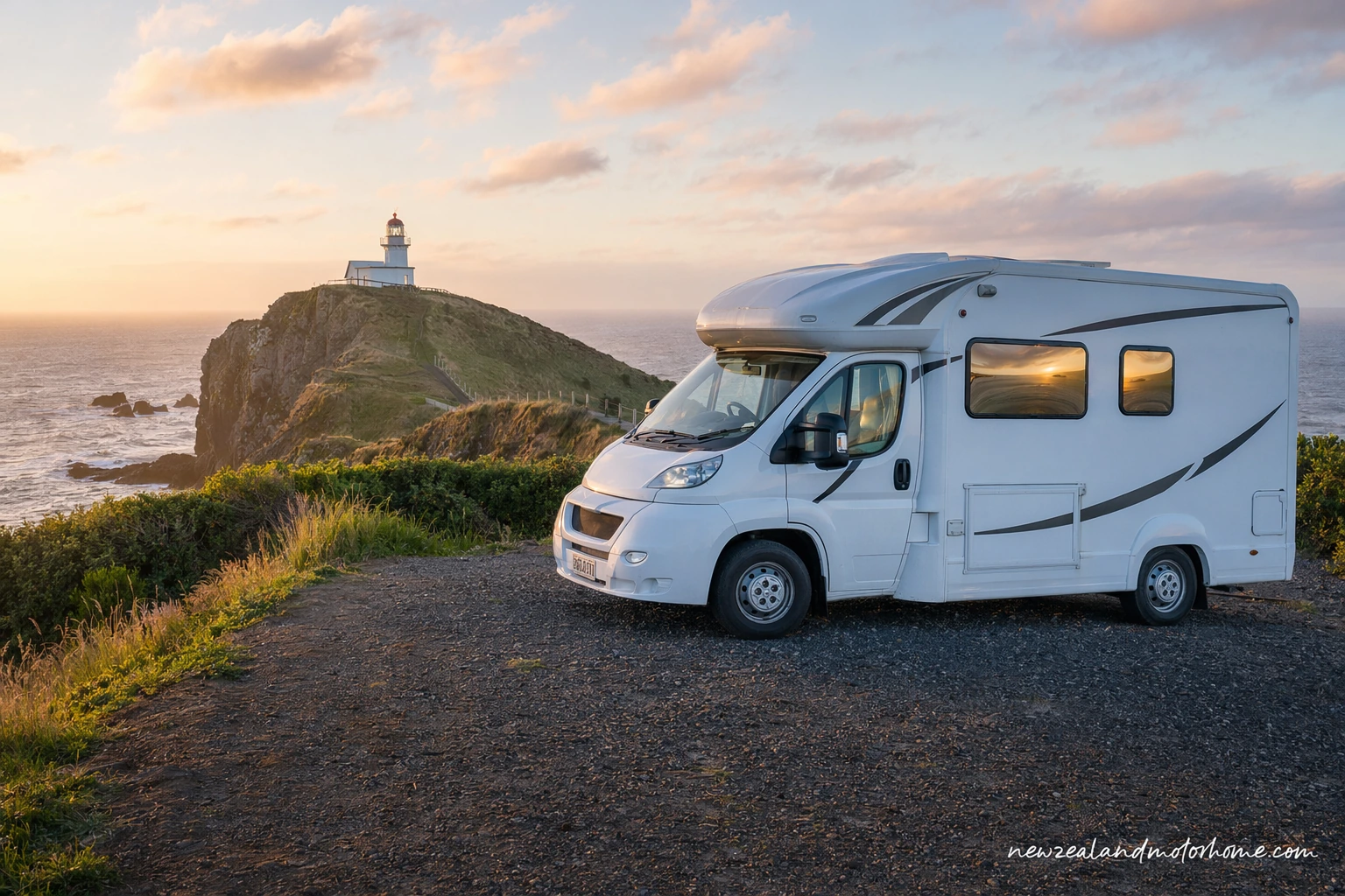 Campervan parked near Dunedin with Otago Harbour and coastal hills in the background