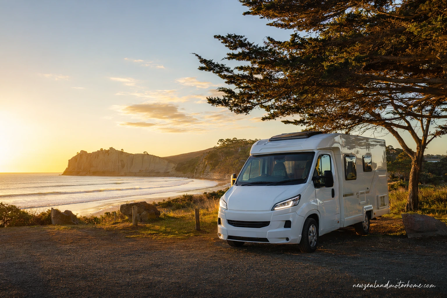 Campervan parked near the beach in Gisborne at sunrise