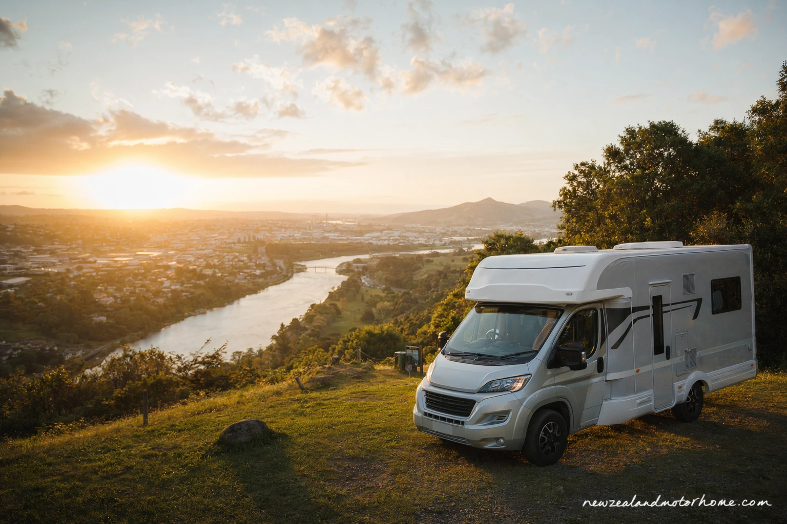 Campervan parked beside the Waikato River near Hamilton on a self-drive New Zealand road trip