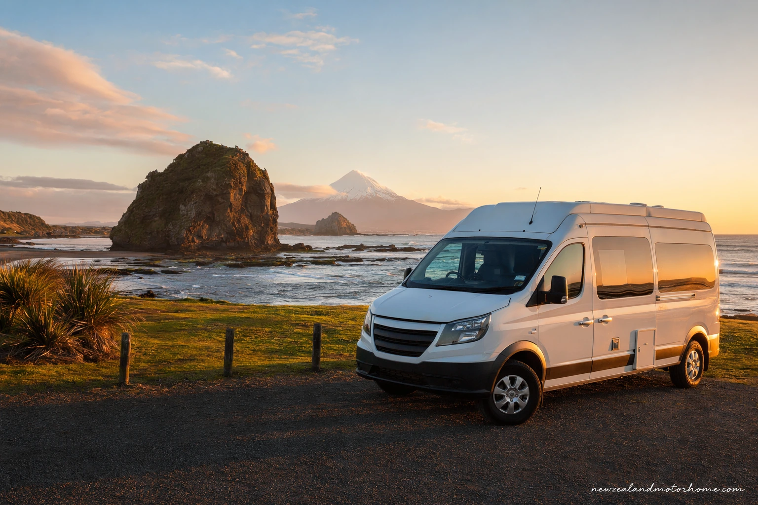 Campervan parked near the New Plymouth coast with Mount Taranaki in the distance