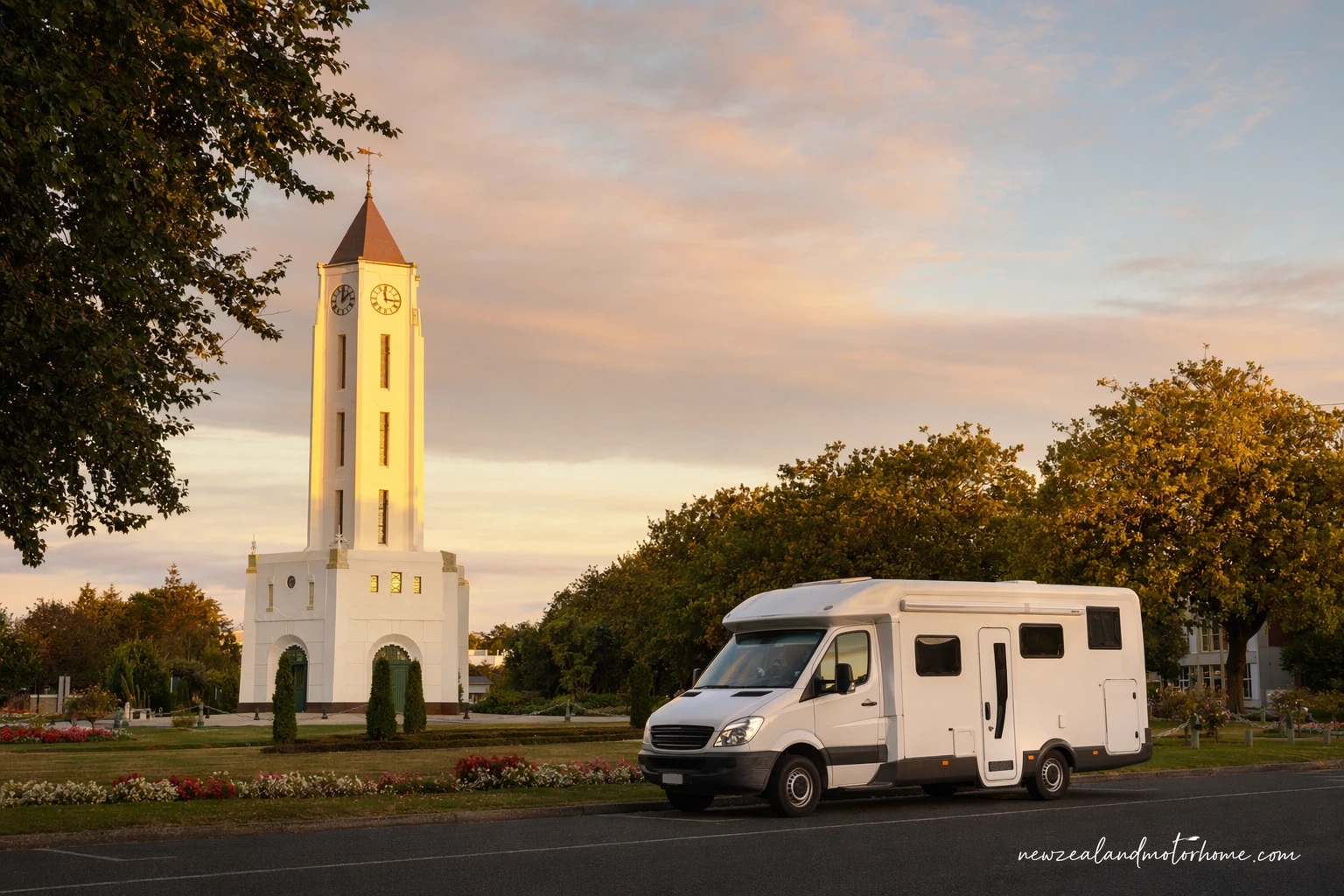 Campervan parked near Palmerston North with Manawatū countryside beyond