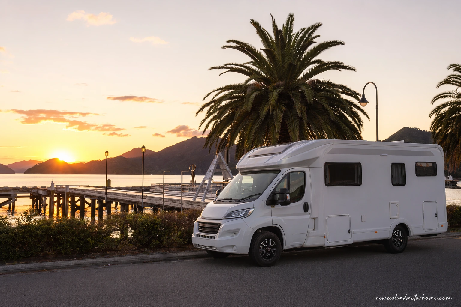 Campervan parked above Picton harbour with Queen Charlotte Sound in the background