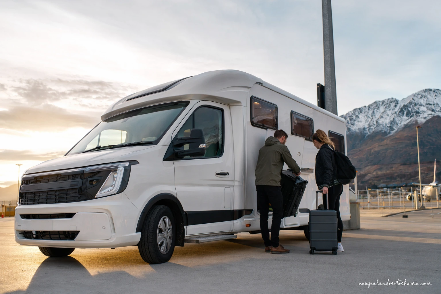 Campervan parked near Queenstown Airport with the Remarkables mountains behind
