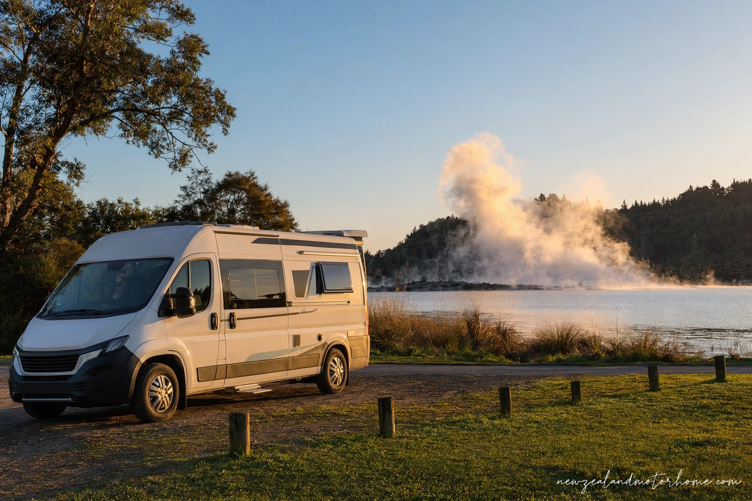 Campervan parked beside Lake Rotorua with geothermal hills in the background