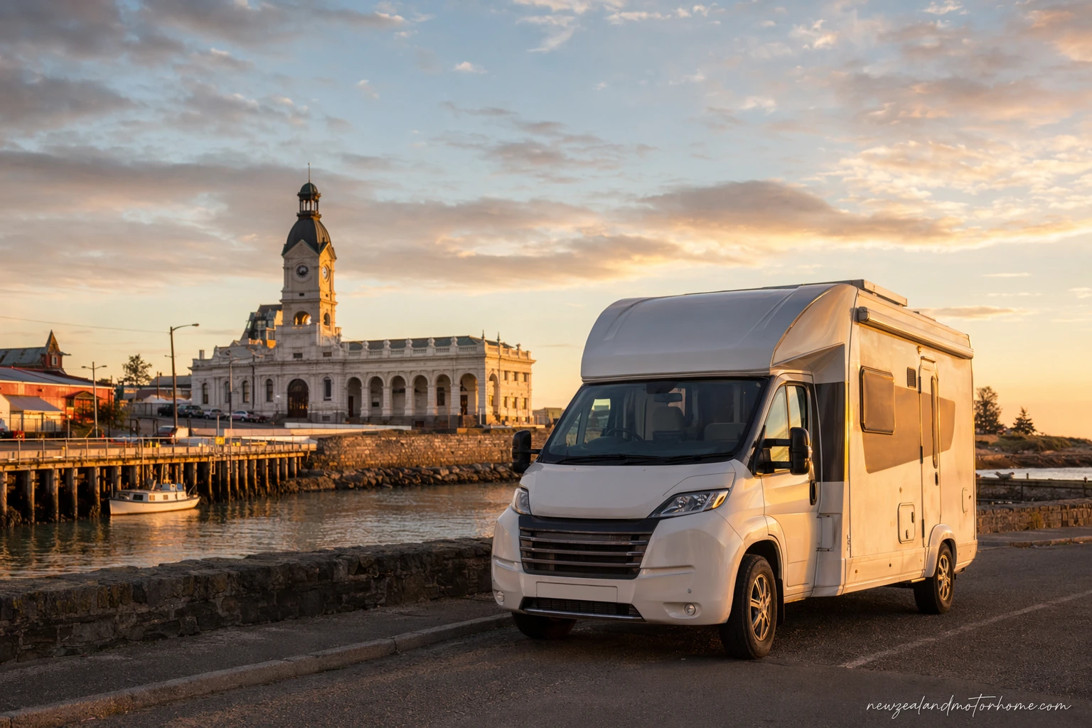 Campervan parked near Timaru with Caroline Bay and South Canterbury coast in the background