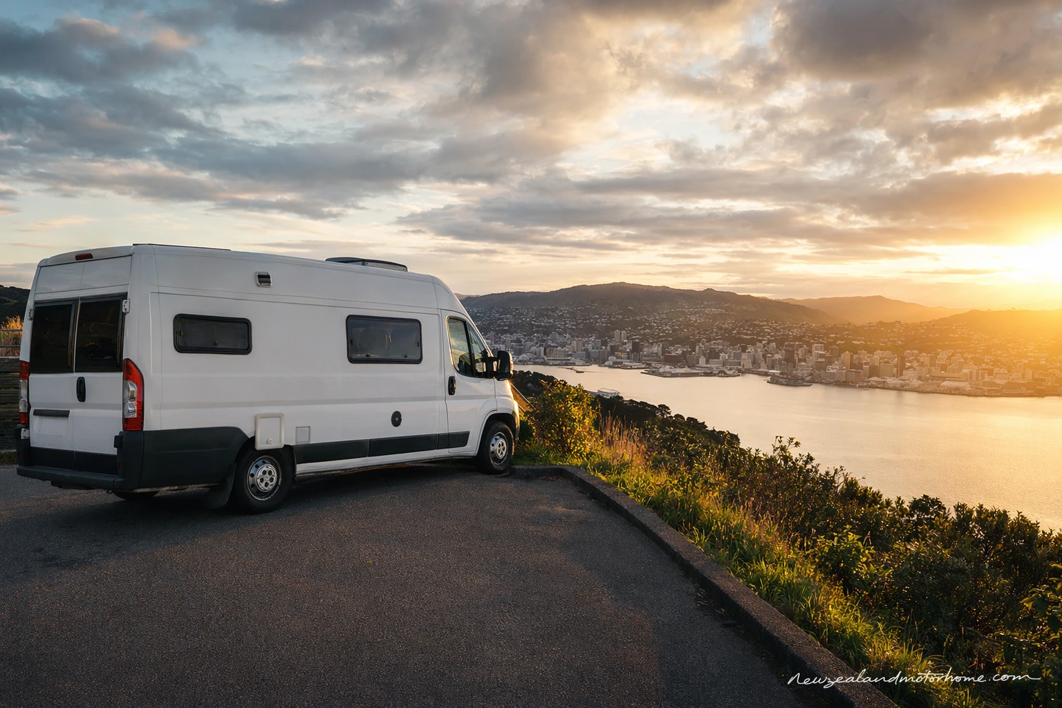 Campervan parked above Wellington harbour with city hills and coastal road in view
