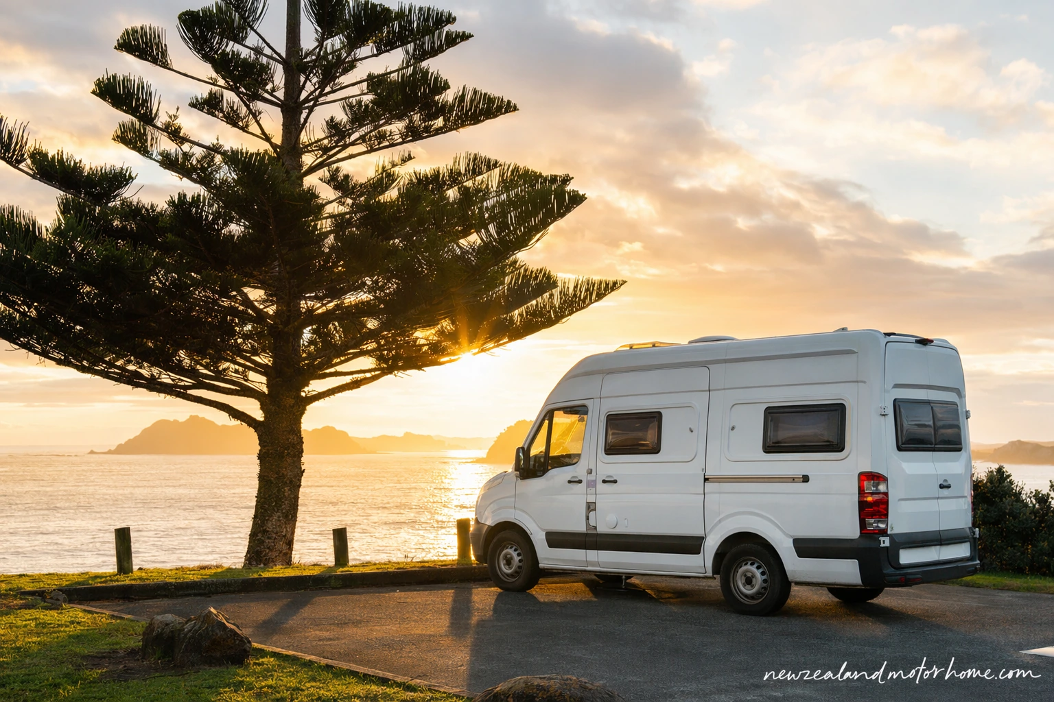 Campervan parked near Whangārei harbour at the start of a Northland road trip