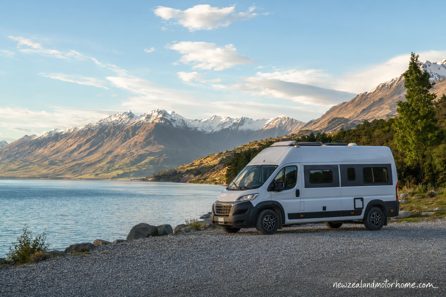 Campervan parked near a New Zealand lake after a fly-drive arrival