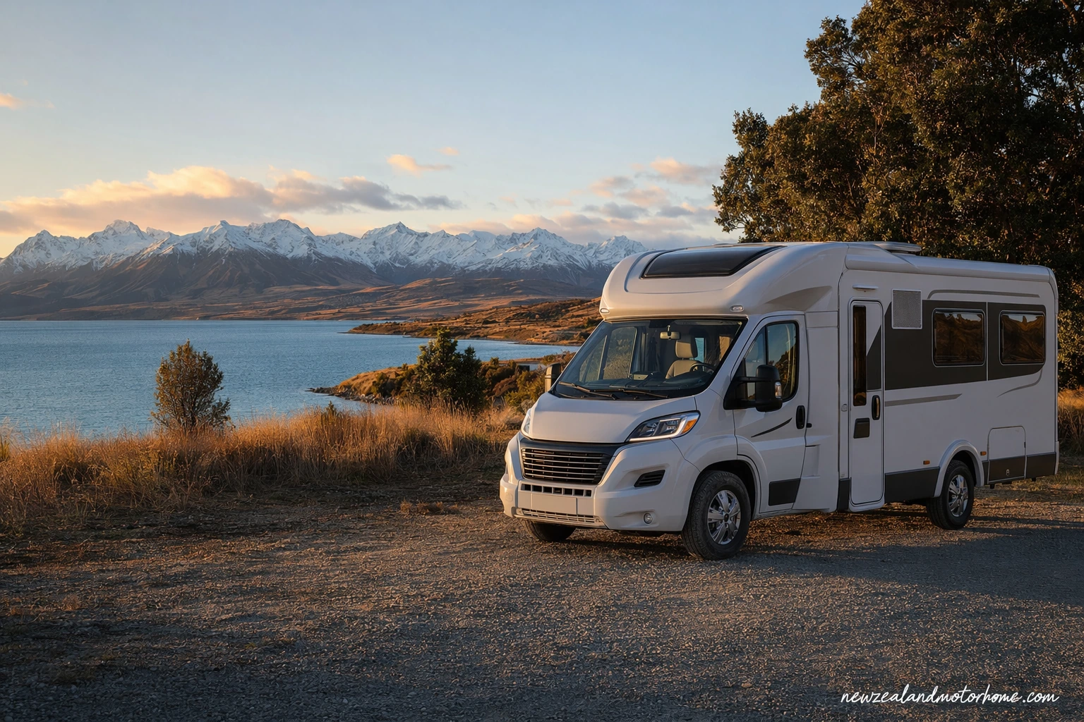 Campervan parked at a New Zealand lakeside campsite with mountains beyond