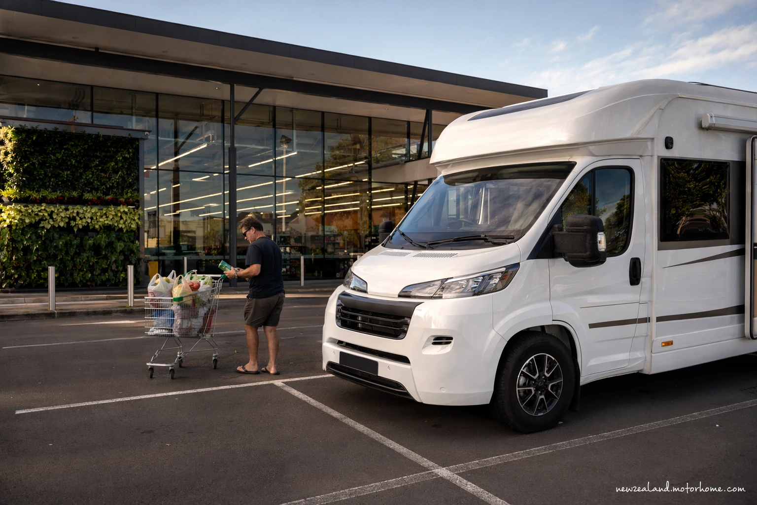 Campervan parked outside a supermarket in Auckland while travellers load supplies for a New Zealand road trip