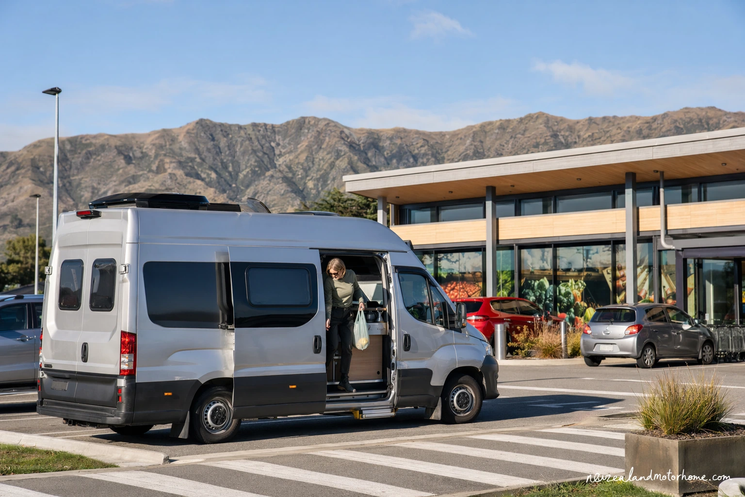 Campervan parked in Blenheim while travellers restock supplies before driving through Marlborough