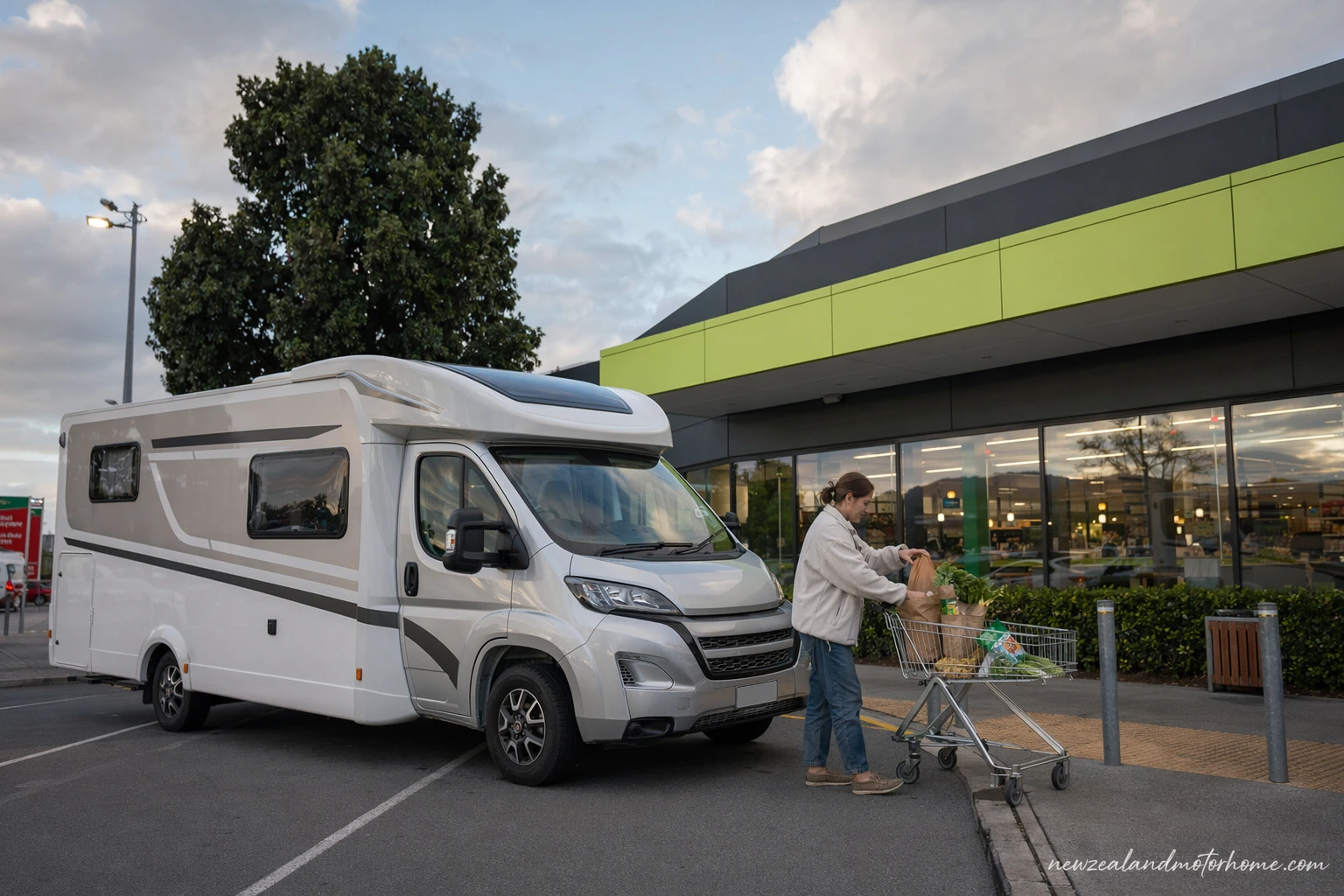 Campervan parked near a supermarket in Christchurch while travellers organise supplies before a South Island road trip