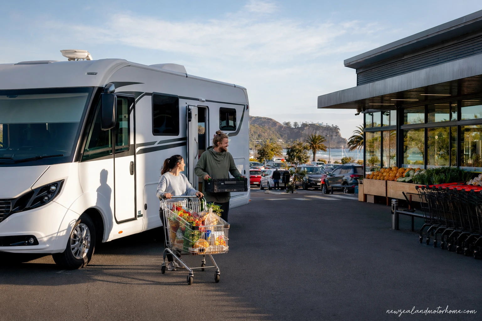 Campervan parked in Gisborne while travellers organise supplies before driving the East Coast
