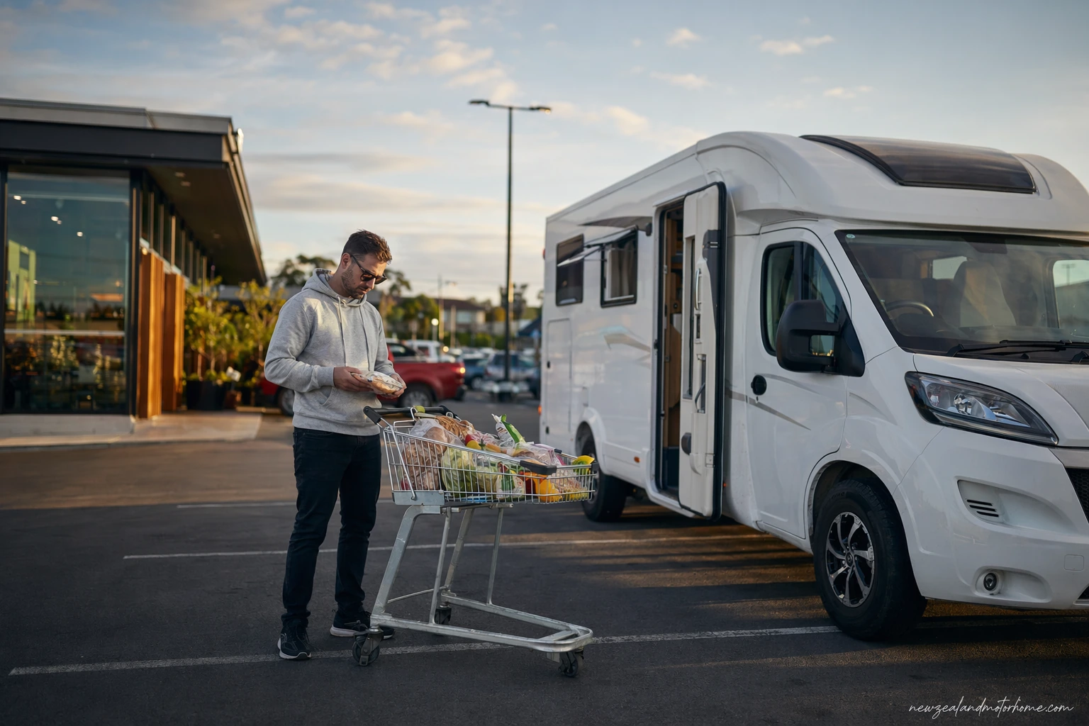 Campervan parked near the Waikato River in Hamilton after stocking up for the road