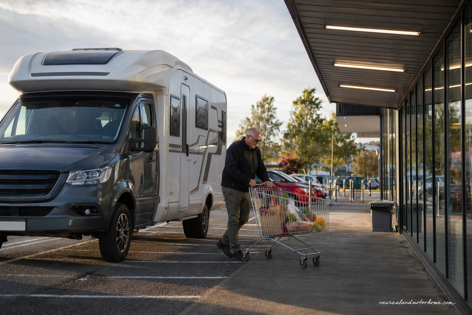 Campervan parked in Invercargill while travellers restock supplies before driving the Southern Scenic Route