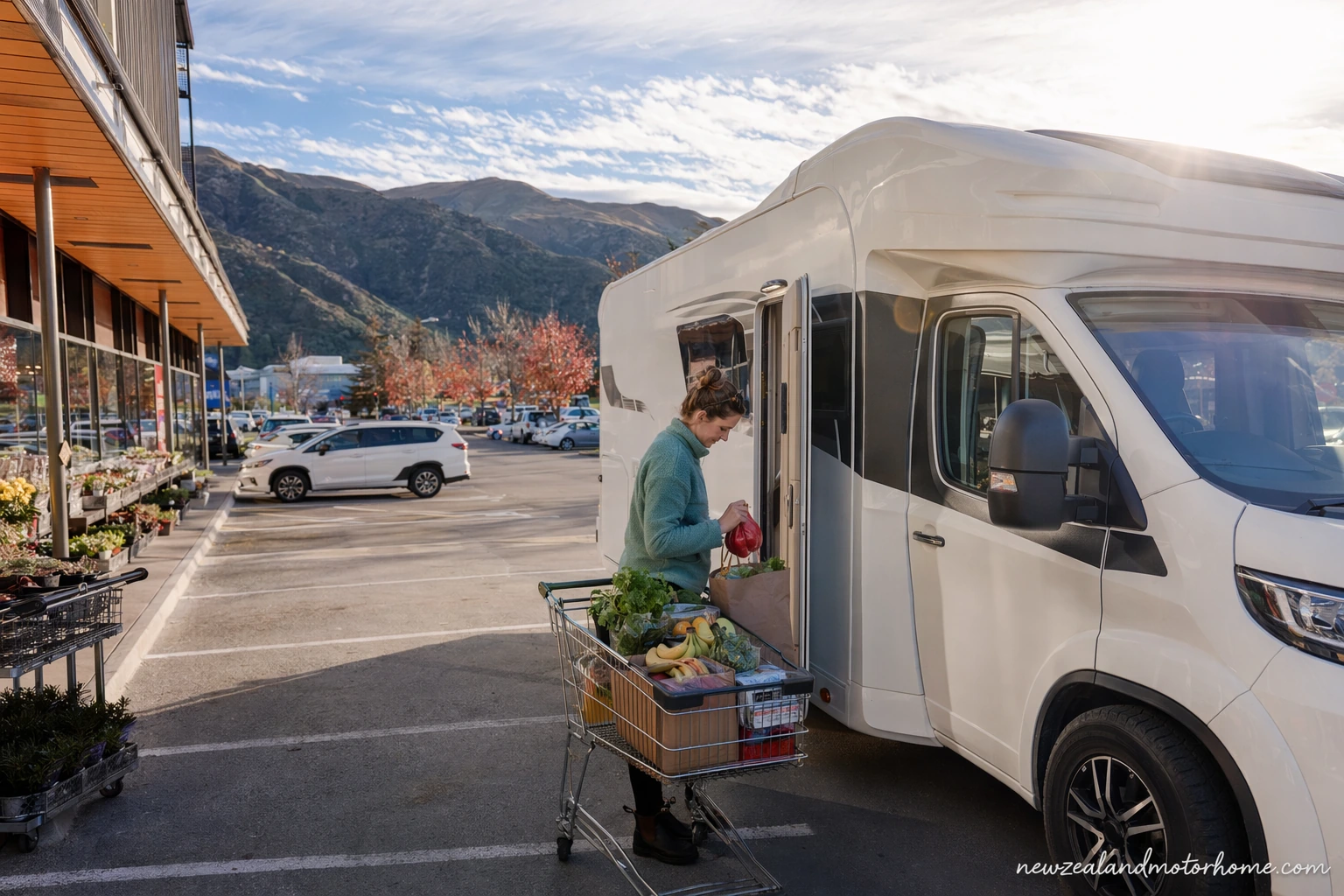 Campervan parked near Nelson while travellers sort groceries and road supplies
