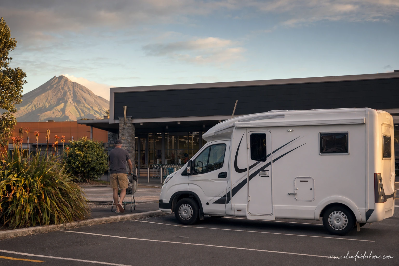 Campervan parked near the New Plymouth coast after stocking up for a Taranaki road trip