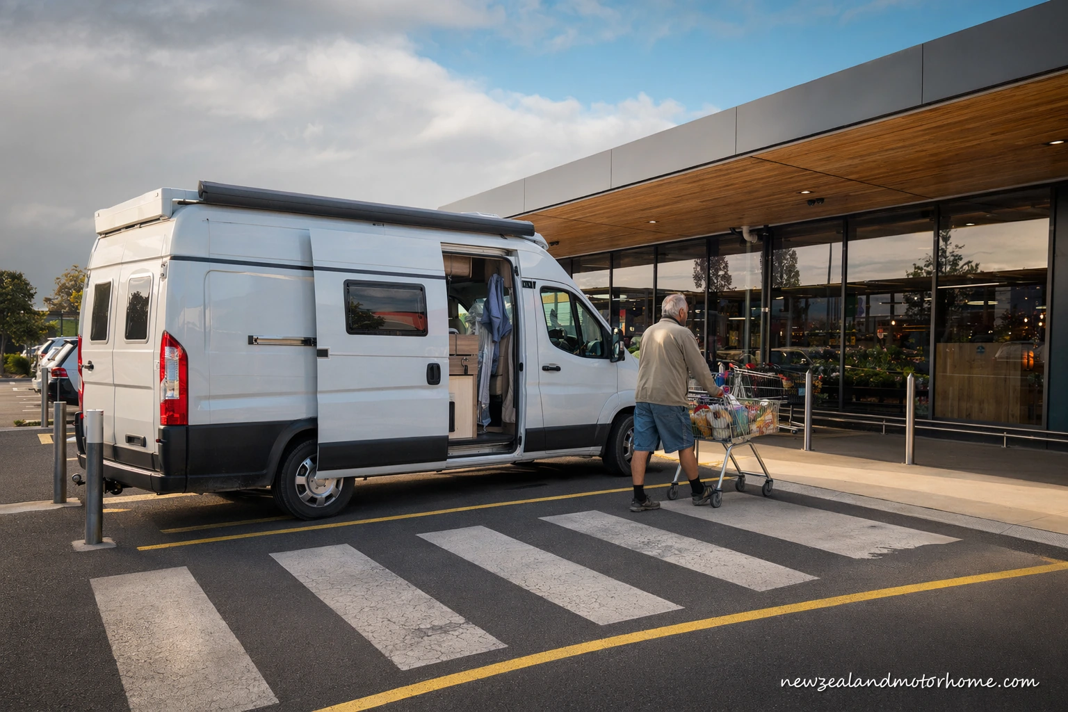Campervan parked in Palmerston North while travellers restock supplies before driving through the Manawatū