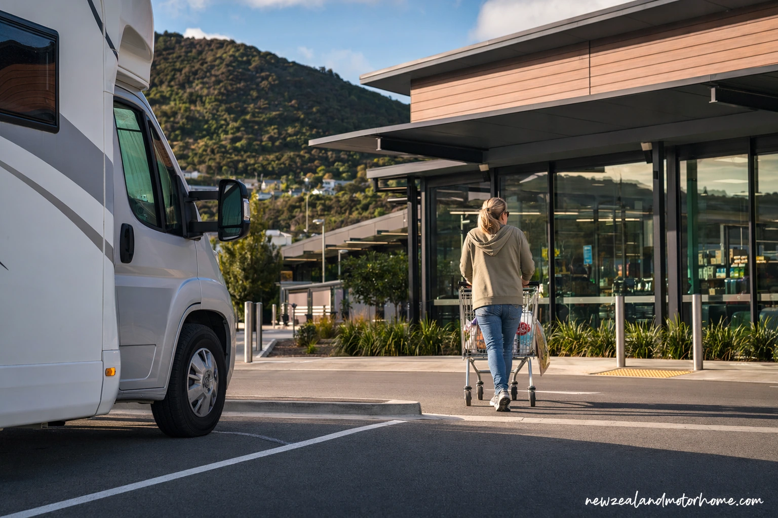 Campervan parked near Picton harbour while travellers stock up for the ferry and Marlborough Sounds