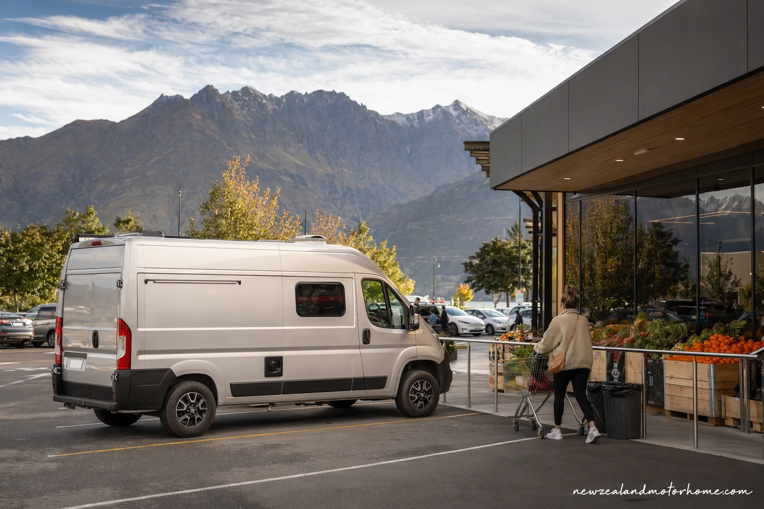 Campervan parked near Queenstown with Lake Wakatipu and alpine hills in the background