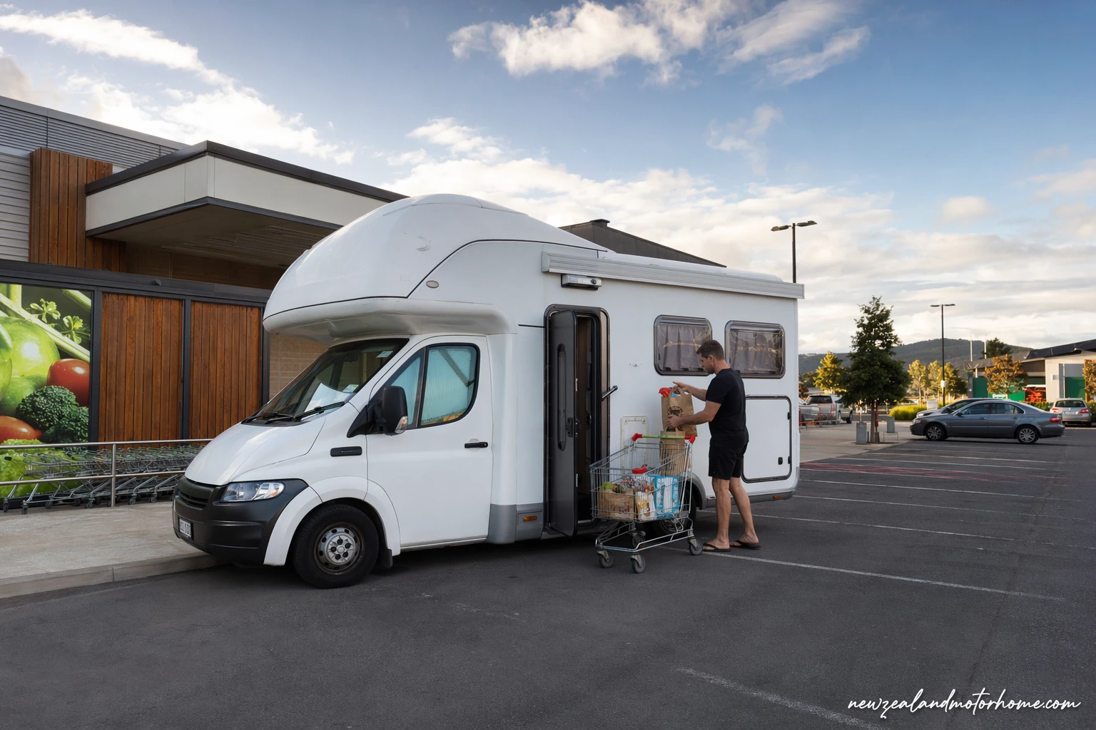 Campervan parked in Rotorua while travellers stock up with supplies before the next motorhome leg