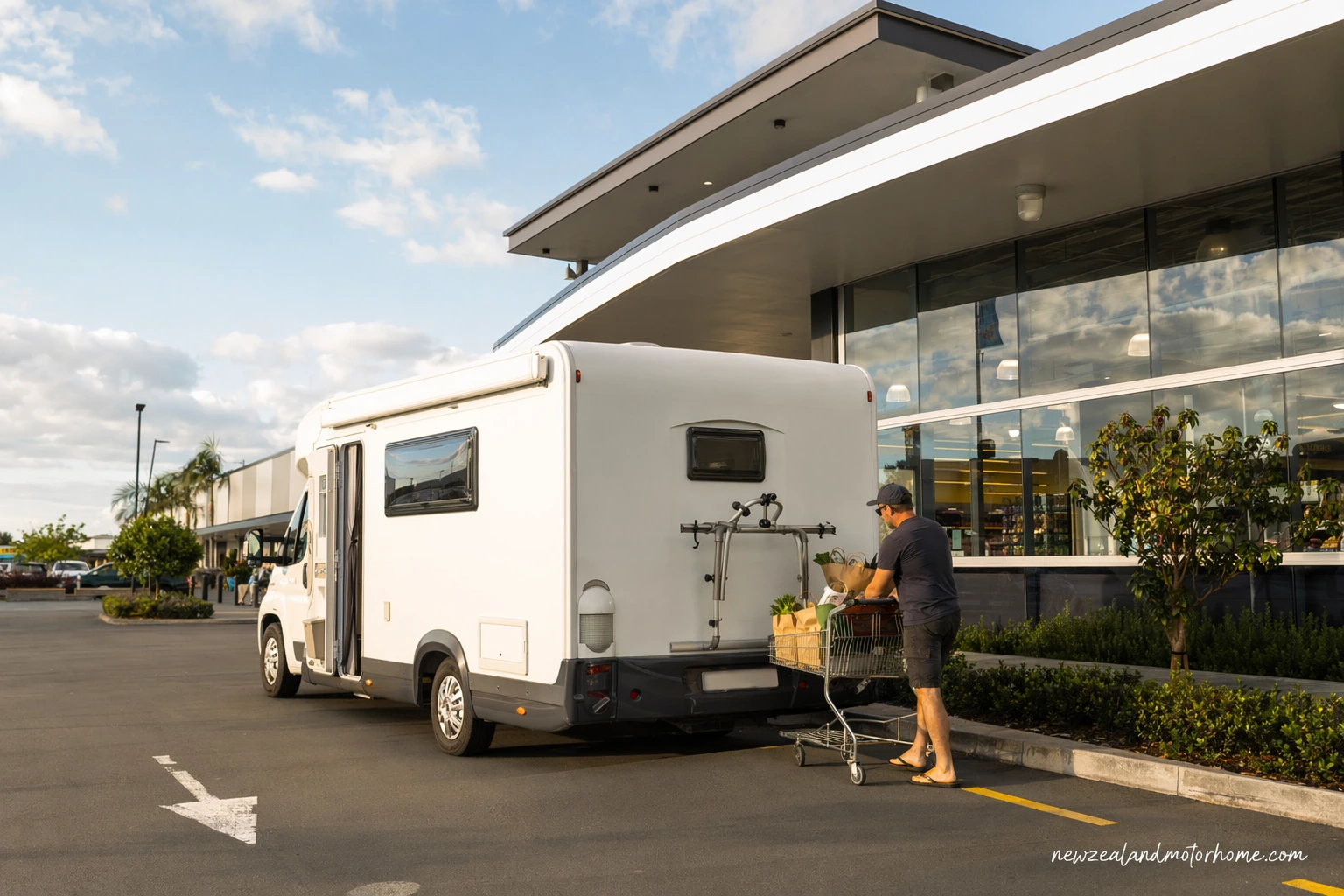 Campervan parked near Tauranga harbour while travellers organise groceries and road supplies