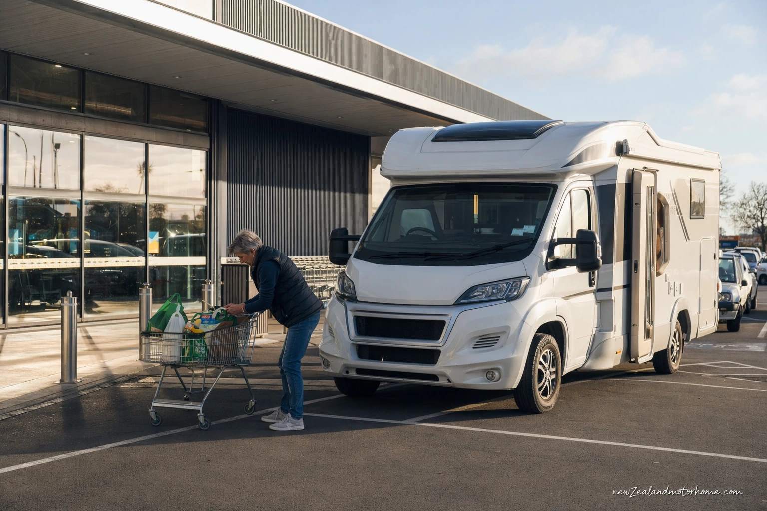 Campervan parked near the Timaru waterfront while travellers restock supplies