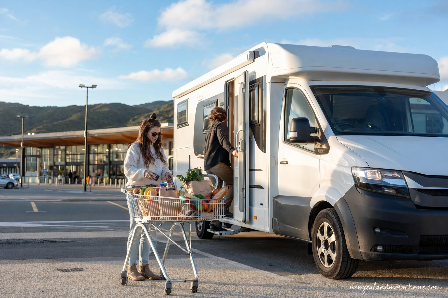 Campervan parked near Wellington harbour while travellers restock supplies
