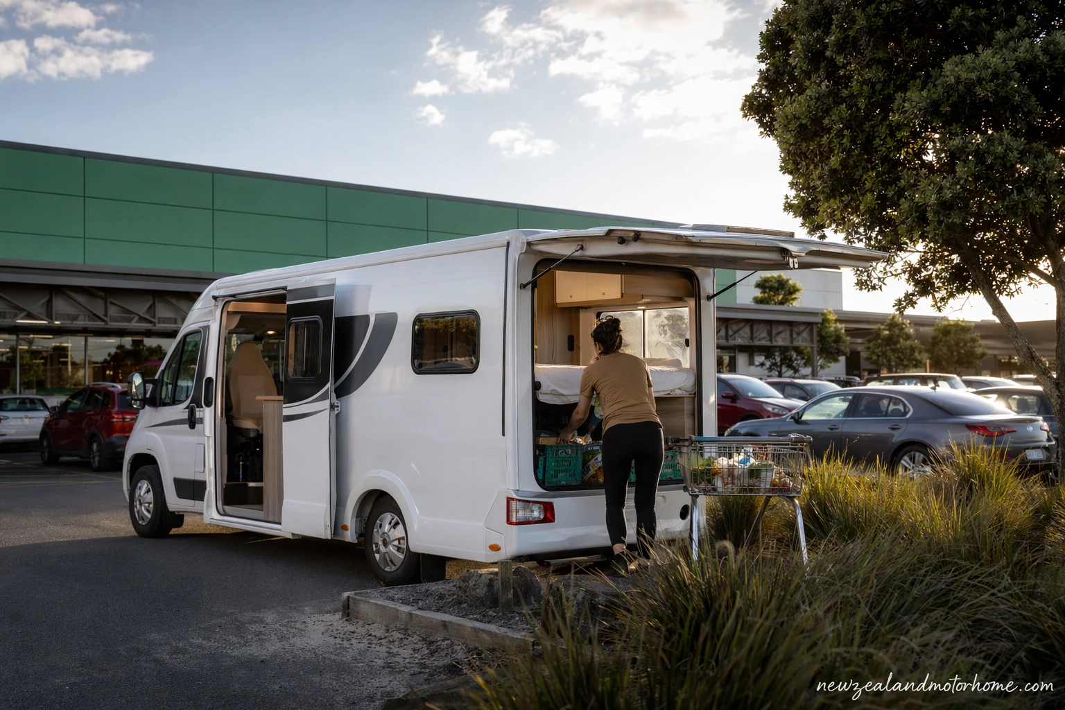 Campervan parked near Whangārei while travellers restock supplies for a Northland road trip