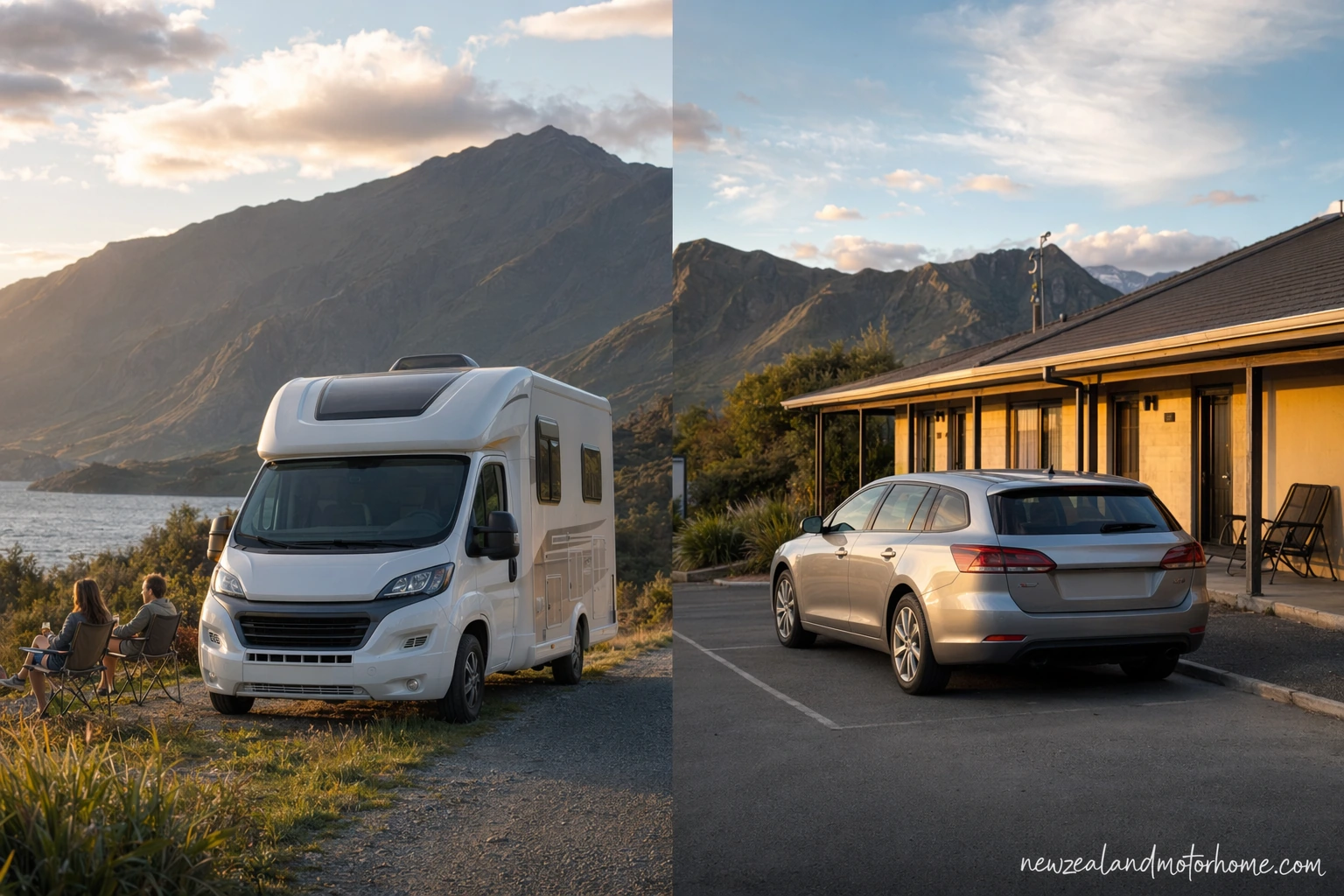 Campervan parked beside a quiet New Zealand lake at dusk with mountains in the background