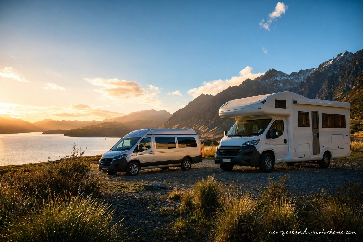 Campervan parked beside Lake Pukaki with Aoraki Mount Cook in the distance