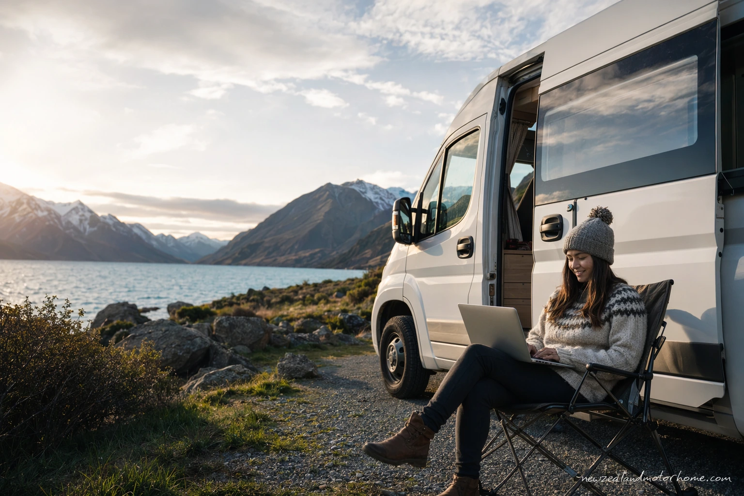 Campervan parked beside Lake Pukaki while travellers check mobile coverage for a New Zealand road trip