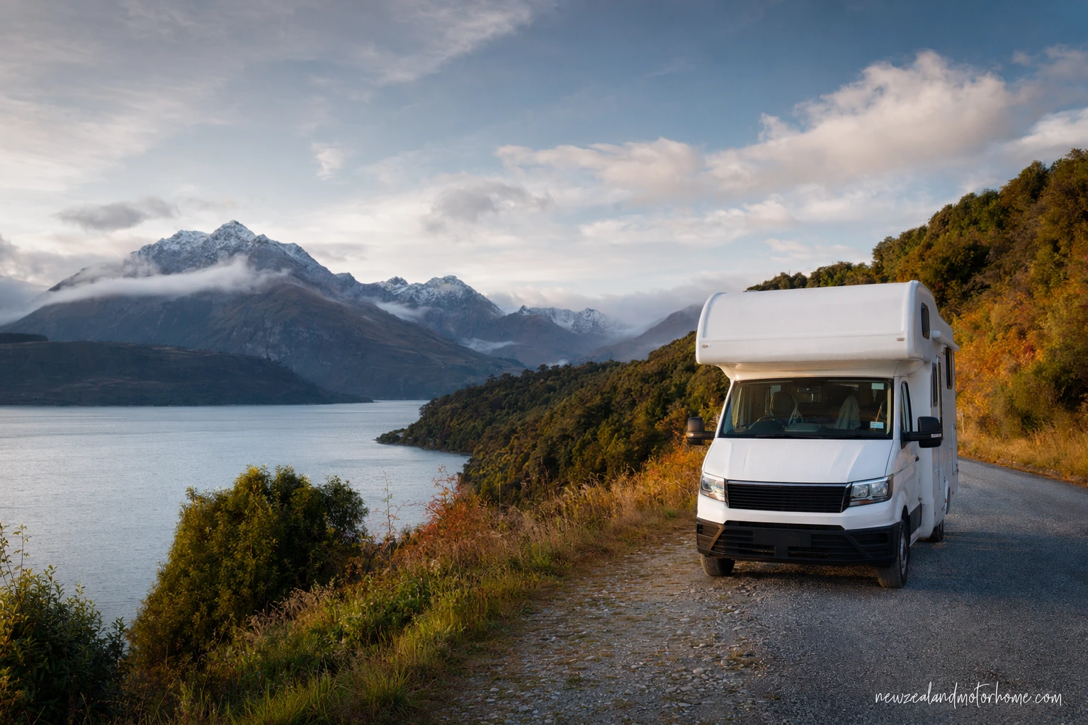 Campervan parked beside Lake Tekapo in April with autumn trees and mountains behind
