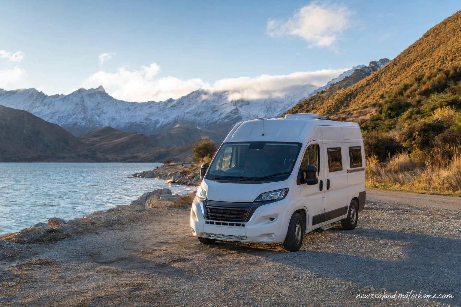 Campervan parked beside Lake Wānaka on a frosty August morning with snowy mountains behind
